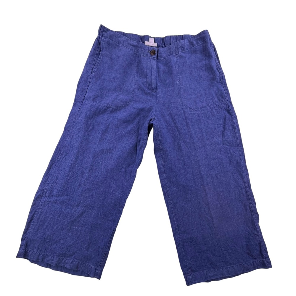 J. Jill Love Linen Capri Pants Blue Petite Medium Elastic Waist Crop Trousers
